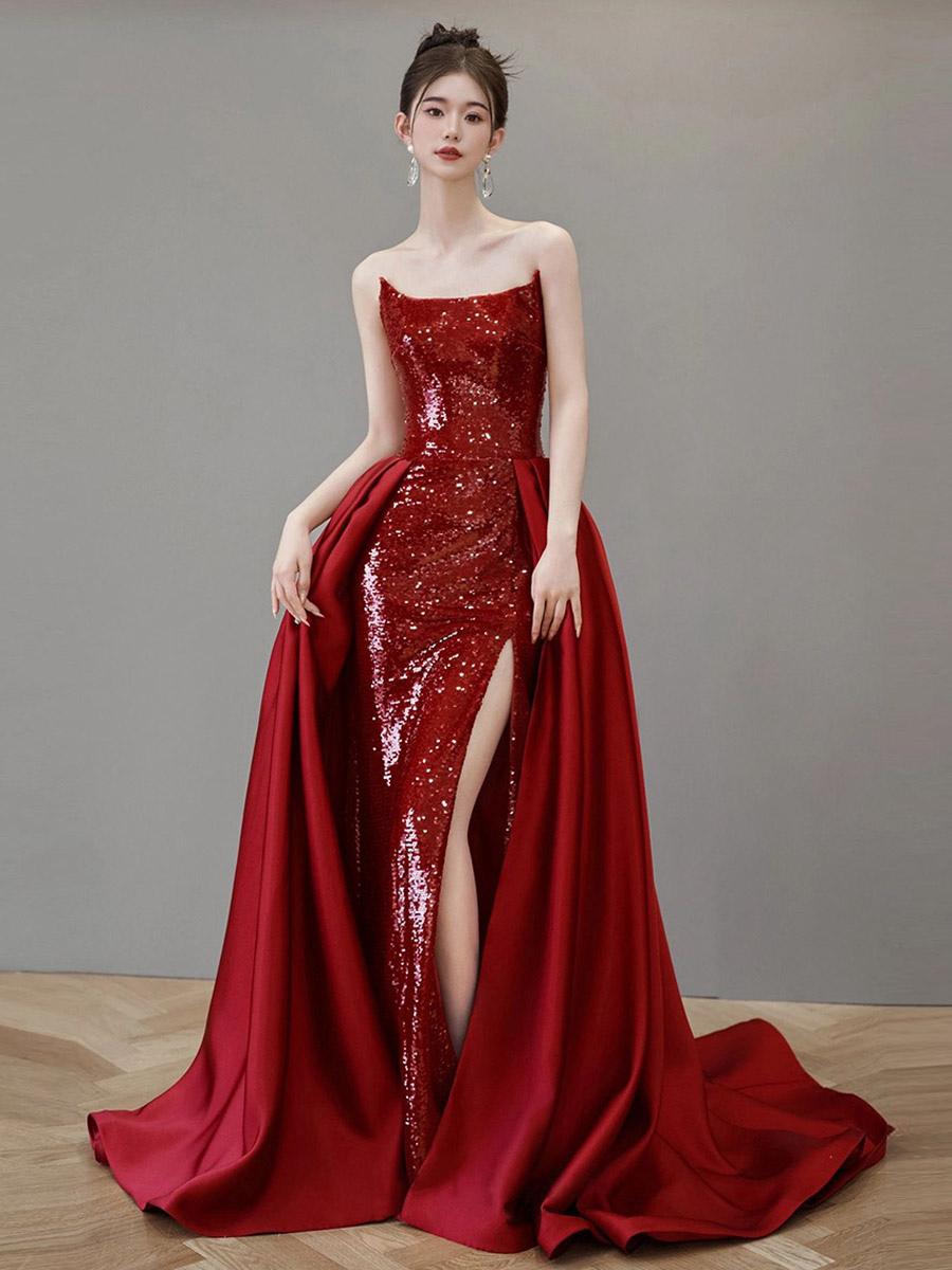 A-Line Strapless Sequined Court Train Sequins Evening Dresses