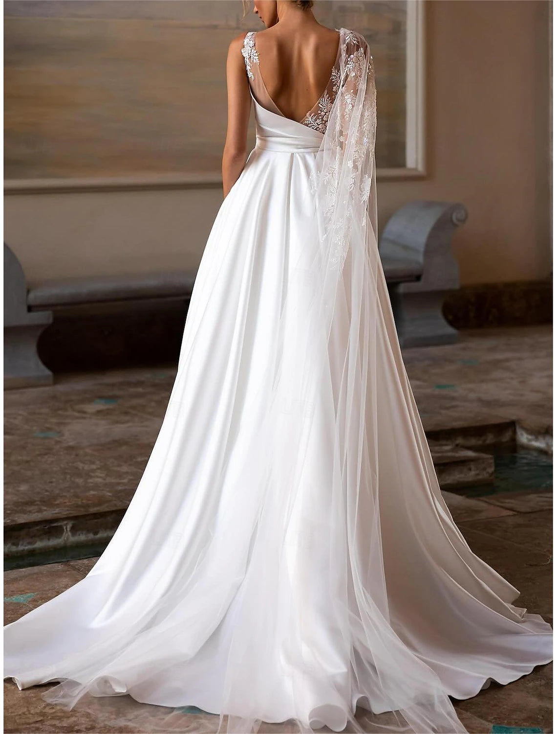 Off Shoulder V Neck Wedding Dresses Chapel Train Satin Bridal Gowns With Pleats Ruched