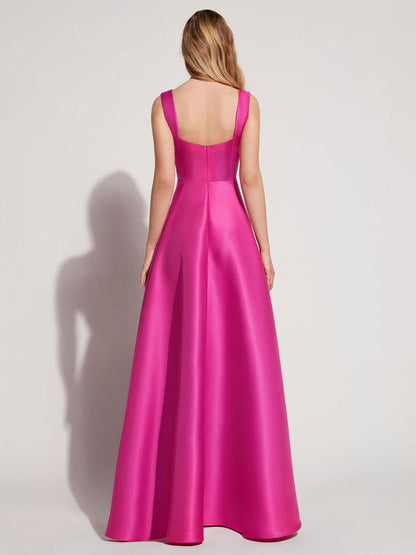 A-Line Square Neck Silk Like Satin Floor-Length Formal Evening Dresses