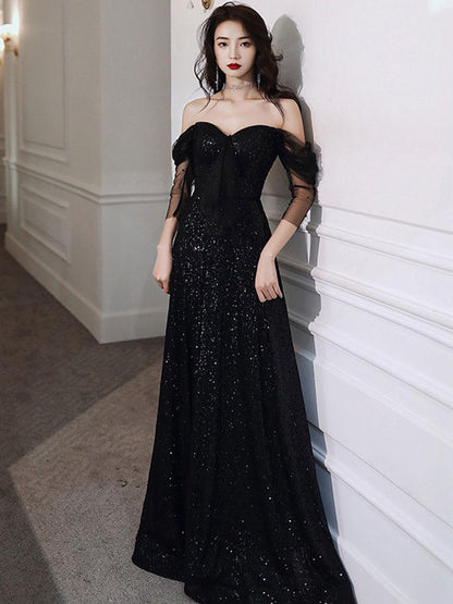 Sheath Bateau Neck Floor-Length 3/4 Length Sleeves Tulle Sequins/Sparkling Evening Dresses