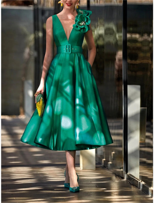 A-Line Cocktail Fall Dresses Elegant Dress Red Green Dress Vintage Formal Tea Length Sleeveless V Neck Belt / Sash Satin with Pleats Shouder Flower