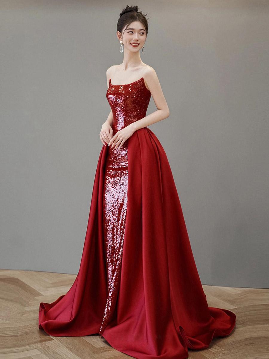 A-Line Strapless Sequined Court Train Sequins Evening Dresses