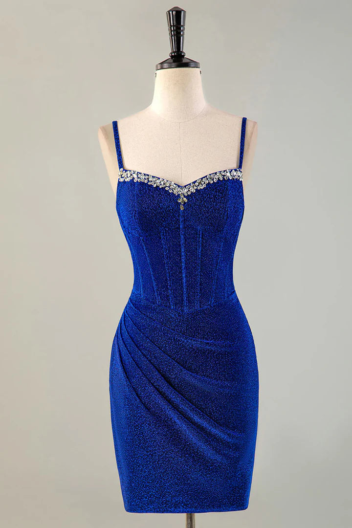 Glitter Royal Blue Beaded Corset Homecoming Dress Short/Mini Dress