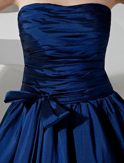 Royal Blue Taffeta Evening Dress Floor Length Strapless A Line Pleated Prom Dress Ballgown