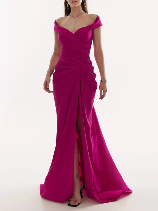 Mermaid V-Neck With Train Zipper Ruched Split Front Satin Fabric Evening Dresses