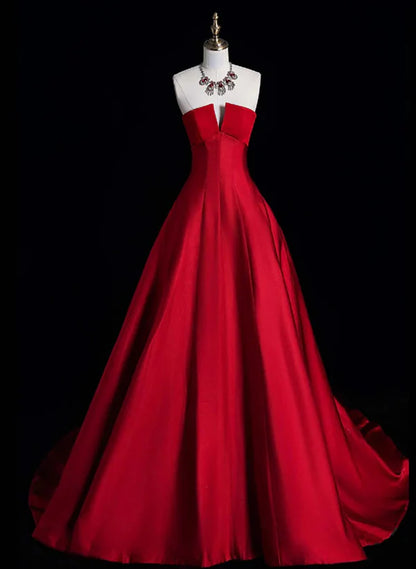 A-Line Princess Ballgown Red Simple Satin Long  Formal Party Dress Evening Dress