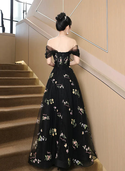 A-Line Princess Black Floral Off Shoulder Tulle Long Prom Dress Evening Dress