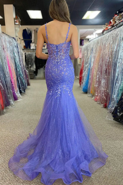 Mermaid Spaghetti Straps Lilac Long Prom Dress Appliques With Sweep Train