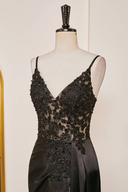 V-Neck Black Lace Corset Mermaid Prom Dress with Slit