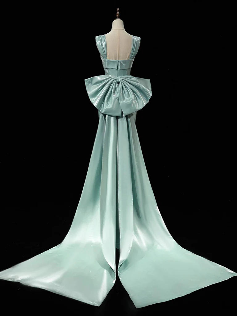 Simple Satin Bow Tie Green Long Prom Dress Formal Dress