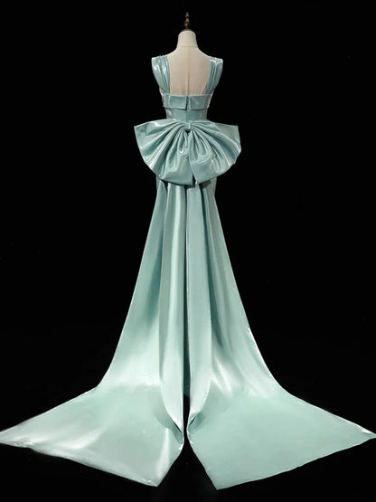 Simple Satin Bow Tie Green Long Prom Dress Formal Dress