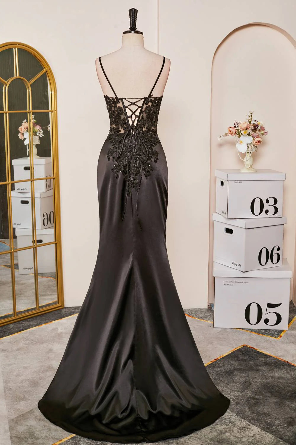 V-Neck Black Lace Corset Mermaid Prom Dress with Slit