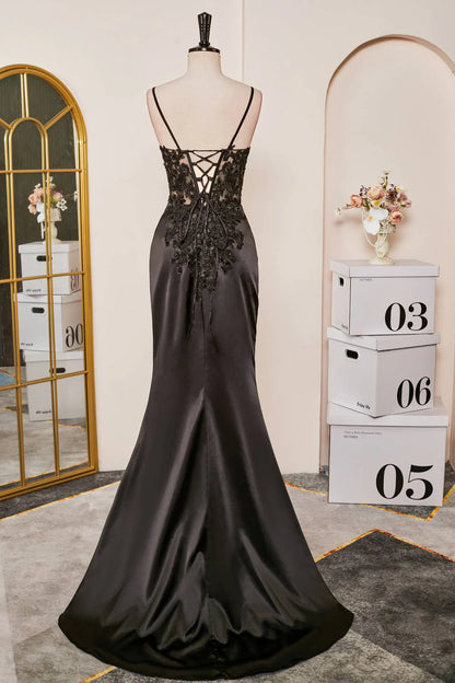 V-Neck Black Lace Corset Mermaid Prom Dress with Slit