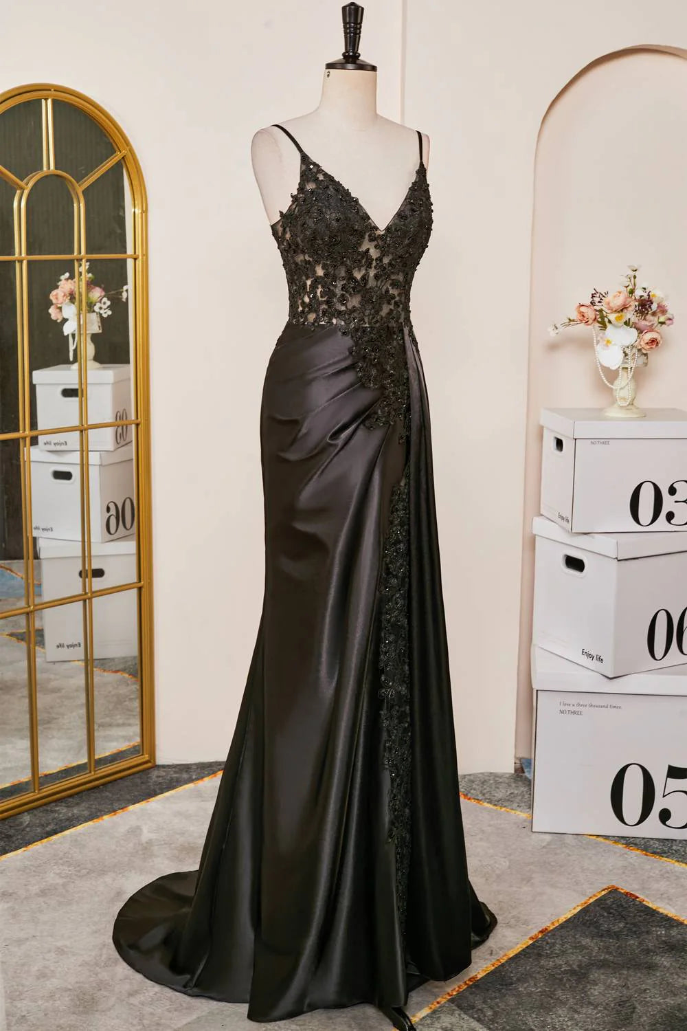 V-Neck Black Lace Corset Mermaid Prom Dress with Slit