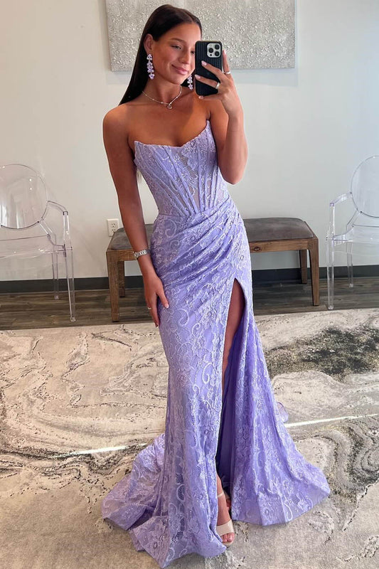 Strapless Lace Ruched Corset Mermaid Prom Dress with Slit