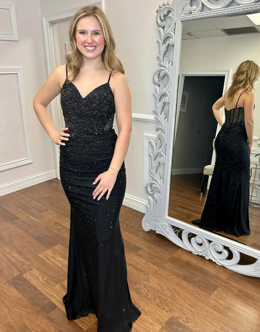 Glitter Black Mermaid V-Neck Spaghetti Strap Long Prom Dress