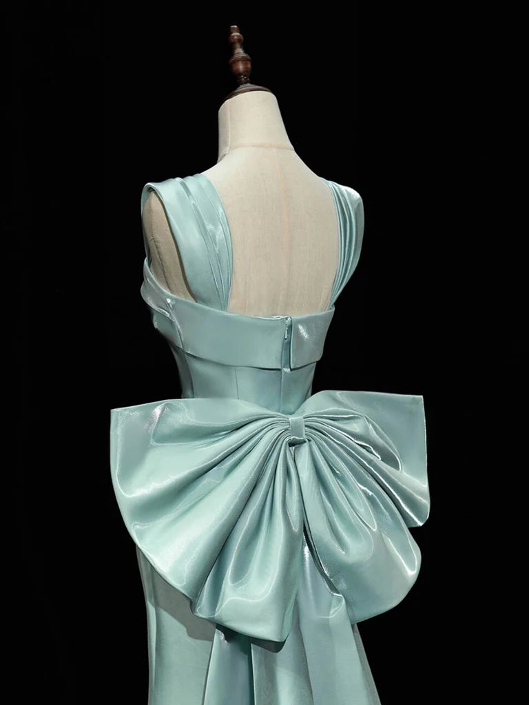 Simple Satin Bow Tie Green Long Prom Dress Formal Dress