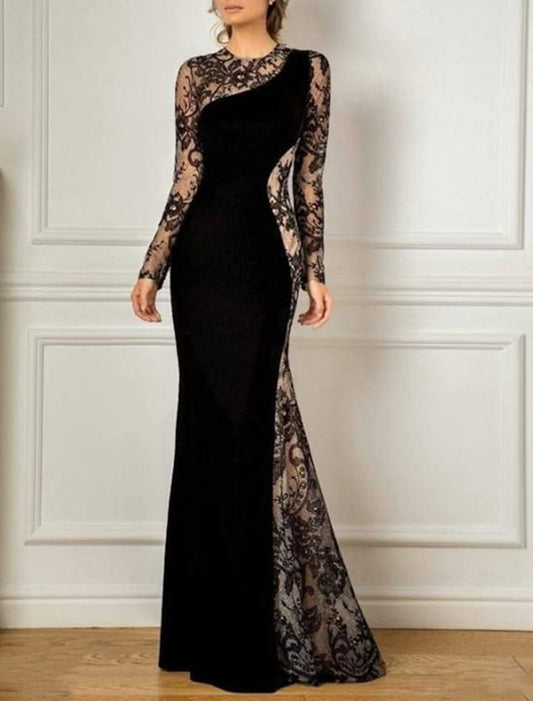 Mermaid / Trumpet Wedding Guest Elegant Black Dress Party Jewel Neck Floor Length Lace Velvet