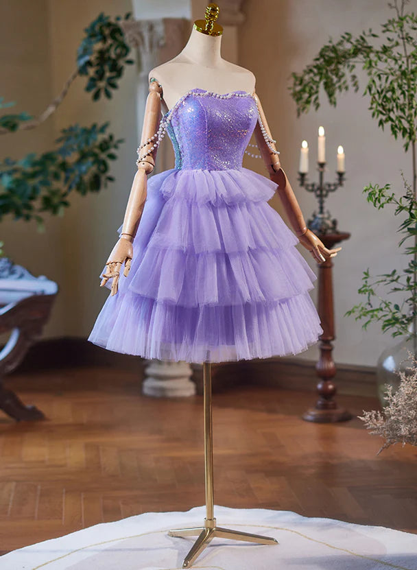 Cute Lavender Tulle and Sequins Short Party Dress Homecoming Dress