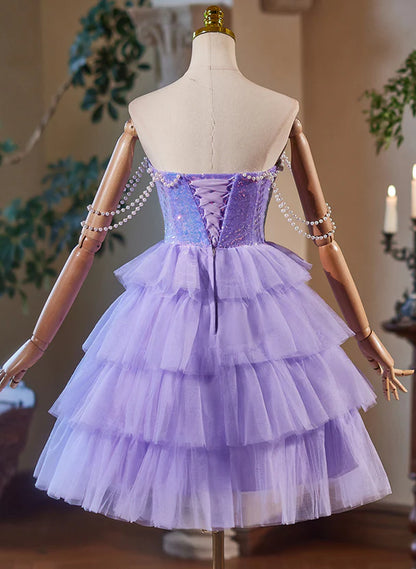 Cute Lavender Tulle and Sequins Short Party Dress Homecoming Dress