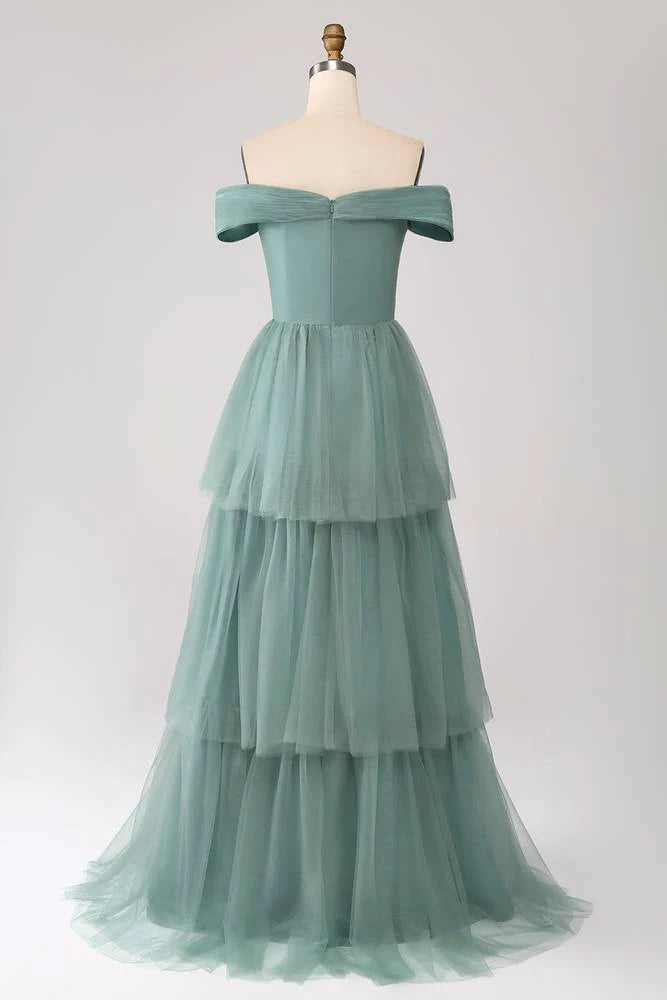 A-Line Princess Off the Shoulder Dusty Green Layered Tulle Maxi Dress