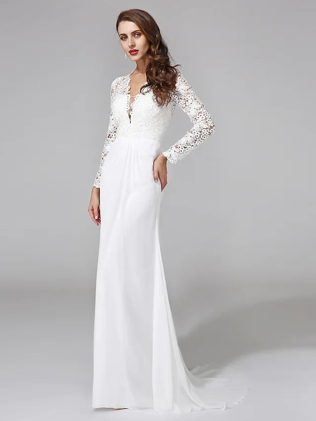 Wedding Dresses V NeckChiffon Floral Lace Long Sleeve Romantic Boho Illusion Sleeve with Lace Button