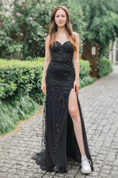 Black Long Sweetheart Appliques Side Split Prom Dress