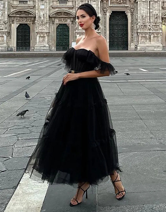 Black Off the Shoulder A Line Tulle Homecoming Dress