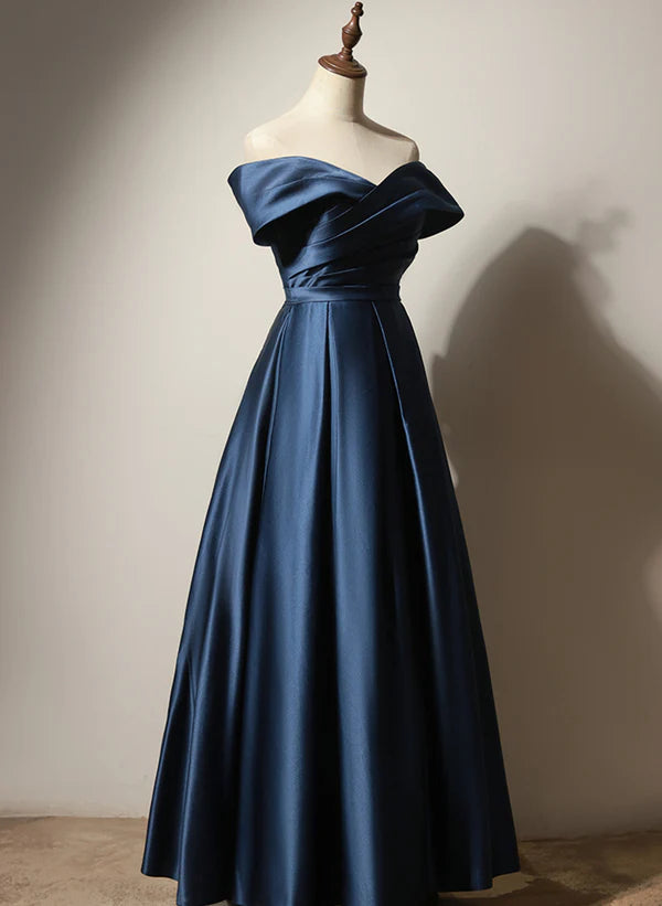 A-line Off Shoulder Navy Blue Satin Long Party Dress Evening Dresses