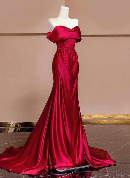 Red Off Shoulder Satin Long Evening Dress Prom Dress with Sweep Train