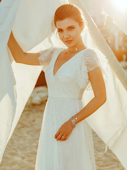 A-Line Wedding Dresses V Neck Floor Length Lace Short Sleeve Simple Casual Boho Illusion Detail Backless with Lace