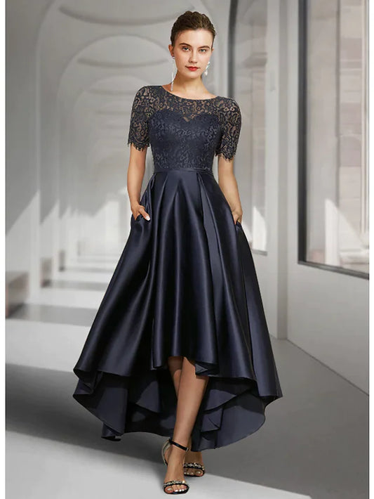 A-Line Mother of the Bride Dress Elegant Jewel Neck Asymmetrical Lace Satin Short Sleeve with Pleats