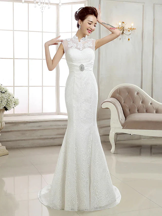 Wedding Dresses High Neck Lace Cap Sleeve Sexy Illusion Detail Backless with Beading Appliques