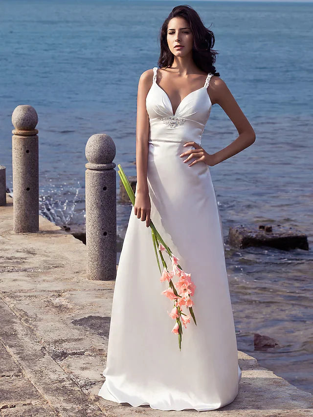 Wedding Dresses Sweetheart Neckline Stretch Satin Spaghetti Strap Open Back with Beading