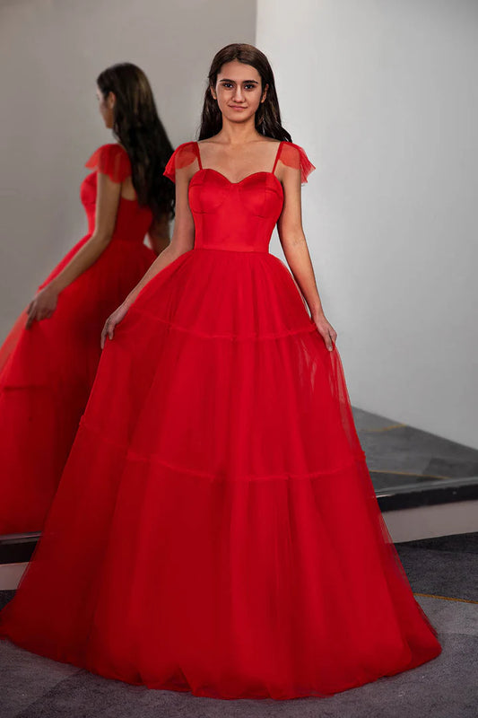 A-Line Princess Tulle Red Long Prom Dress with Bow Ties on Straps