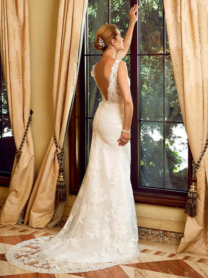 Wedding Dresses V Neck Chapel Train Lace Tulle Regular Straps See-Through with Appliques