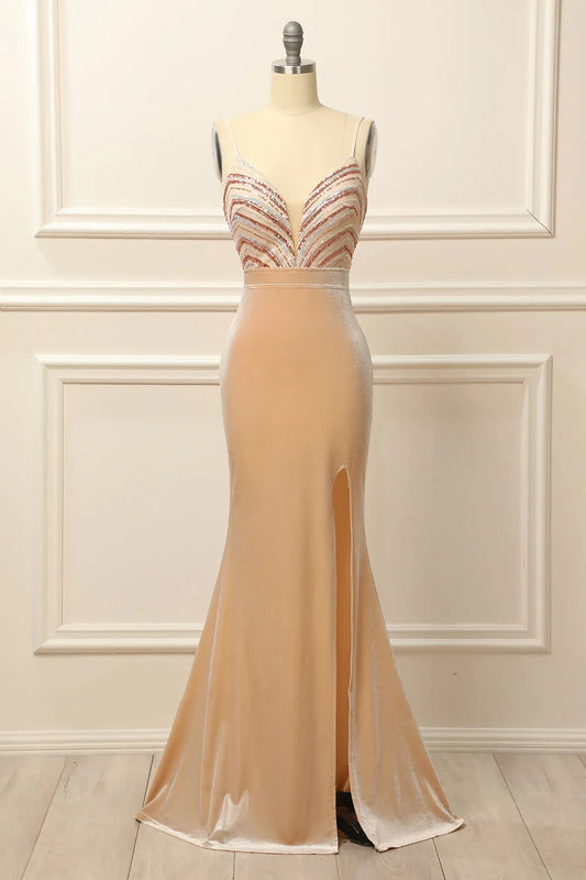 Glitter Blush Formal Dress with Sequins Floor-length Prom Dresses