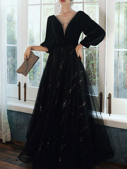 A-Line V-Neck Velvet Floor-Length Long Sleeves Lace-up Lace Formal Evening Dresses