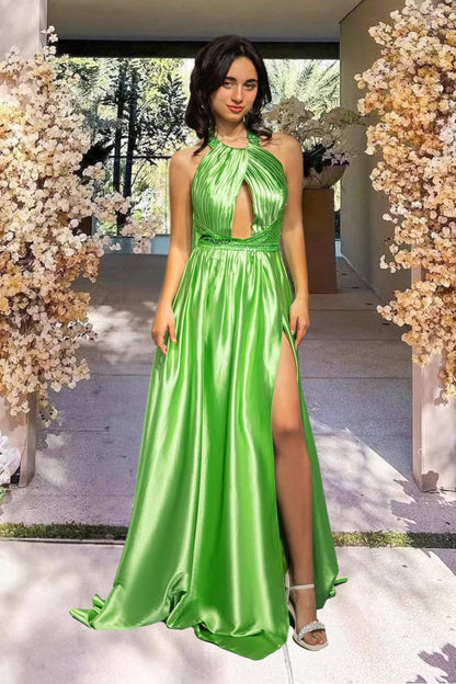 Halterneck Green Slit Floor-length Prom Dress with Keyhole