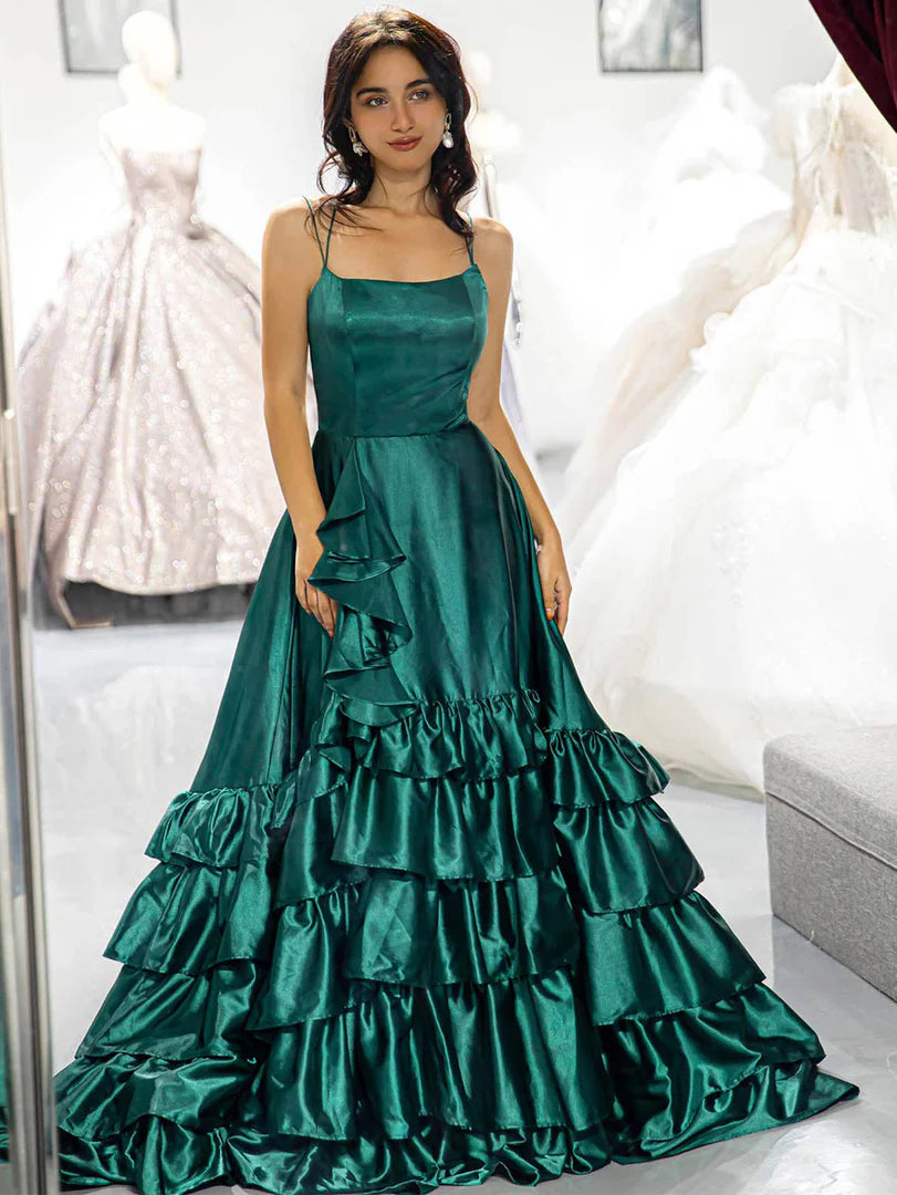 A-Line Satin Dark Green Ruffle Tiered Floor-length Prom Dress