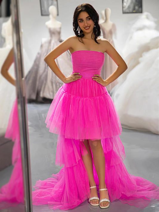 Pink Tiered Long High Low Tulle Strapless Prom Dress