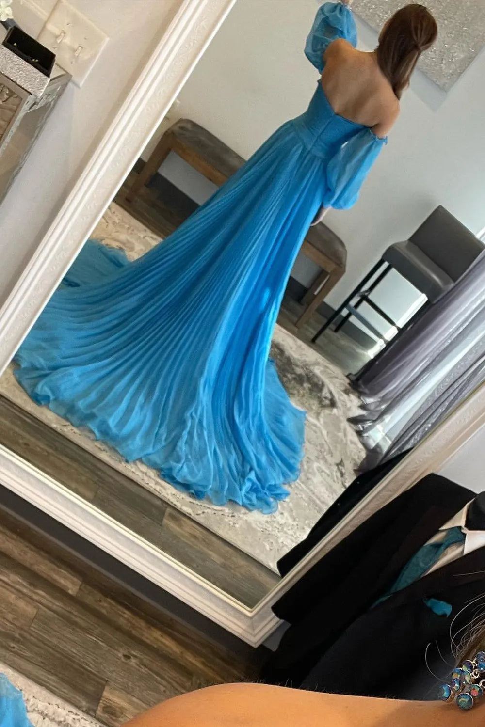 A Line Sweetheart Blue Long Prom Dress Split Front  With Sweep Train