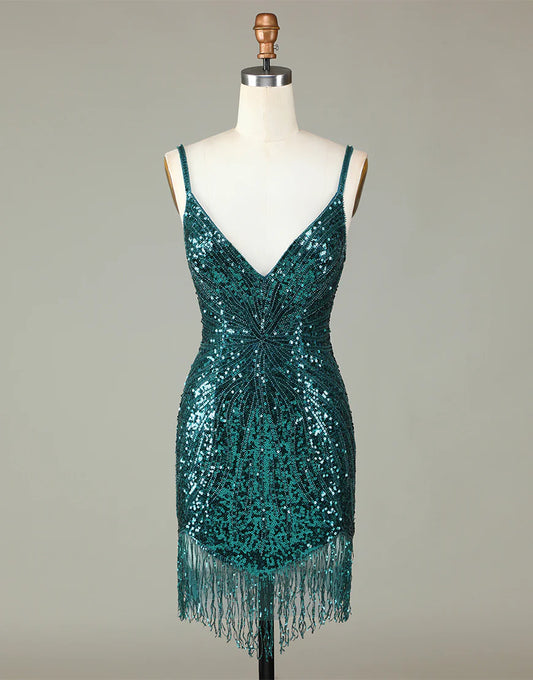 Glitter Deep V-Neck Beaded Short Fringe Homecoming Dress With Lace Up Back