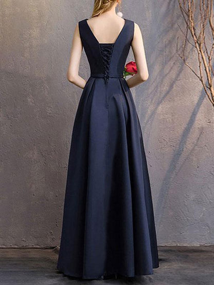 A-Line V-Neck Polyester Floor-Length Formal Party Dresses Evening Dresses