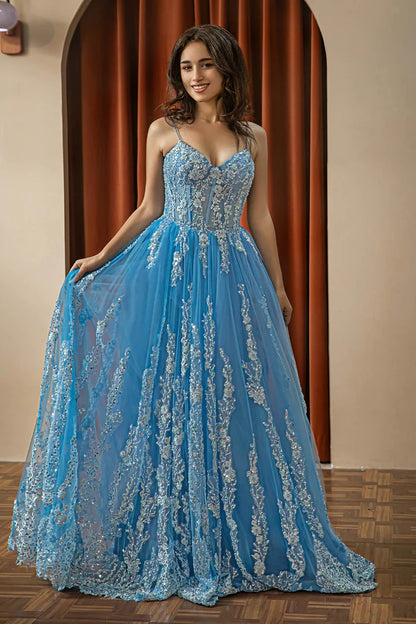 Embroidery Beaded Tulle Prom Dress A-Line Princess Corset Dress