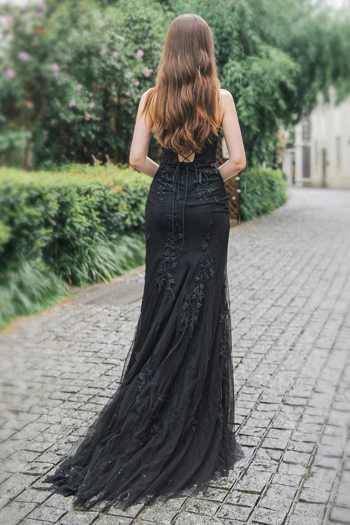 Black Long Sweetheart Appliques Side Split Prom Dress