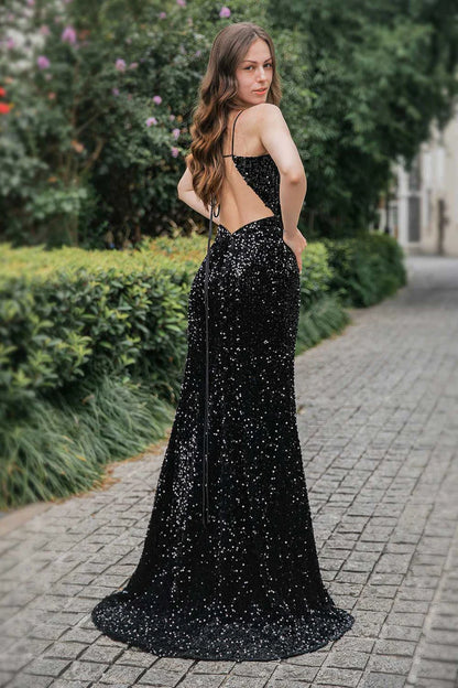 Sequin Long Side Slit V-Neck Backless Prom Dress with Feather