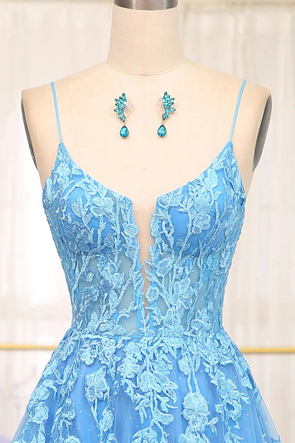 Gorgeous A-Line PrincessT ulle Spaghetti Straps Blue Long Prom Dress with Appliques