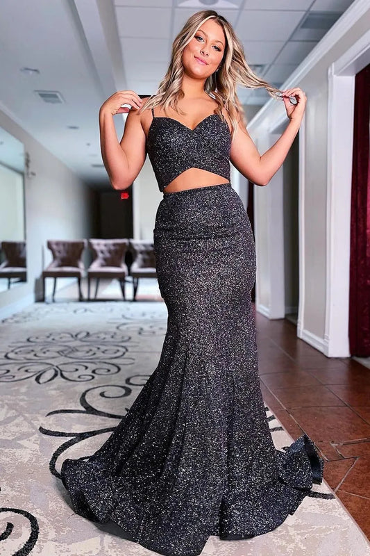 Two Piece Black Spaghetti Straps Sequins Hollow-Out Mermaid Prom Dress  Sweep/Brush Train Dresses