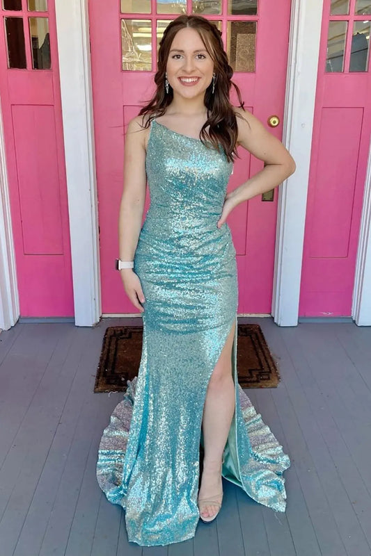 One Shoulder Sequins Mermaid Prom Dress Sweep/Brush Train Dresses with Slit